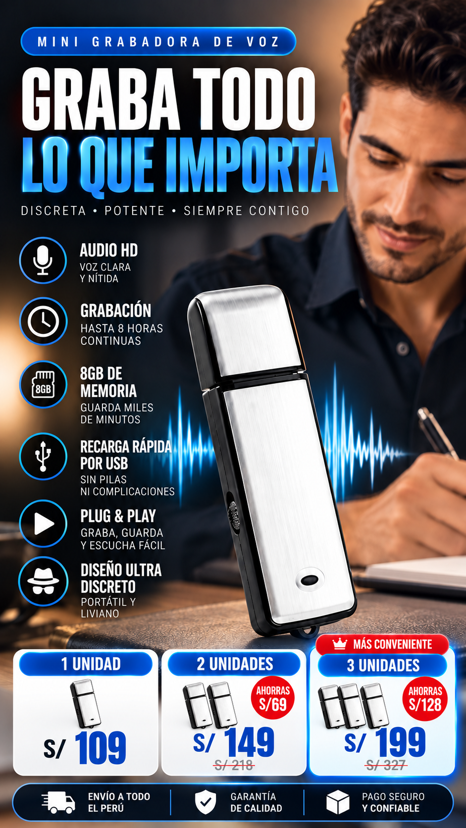 Graba Todo lo que Importa – Mini Grabadora de Voz USB 8GB